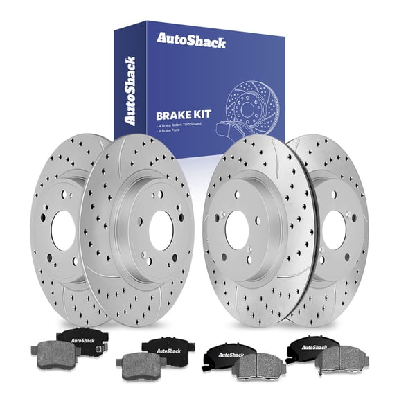 AutoShack Front Vented & Rear Solid Drilled & Slotted Coated Brake Rotors Silver Matte Finish   Ceramic Pads 12-PC Brake Kit Replacement for 2010-2012 Honda Accord TurboGuard