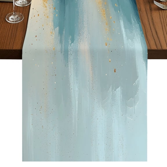 Abstract Gradient Teal Gold Table Runner 120 Inches Long, Shinny Gold Geometric Lines Cotton Linen Dining Table Runner Dresser Scarves for Home Kitchen Party Decor 13"x120"