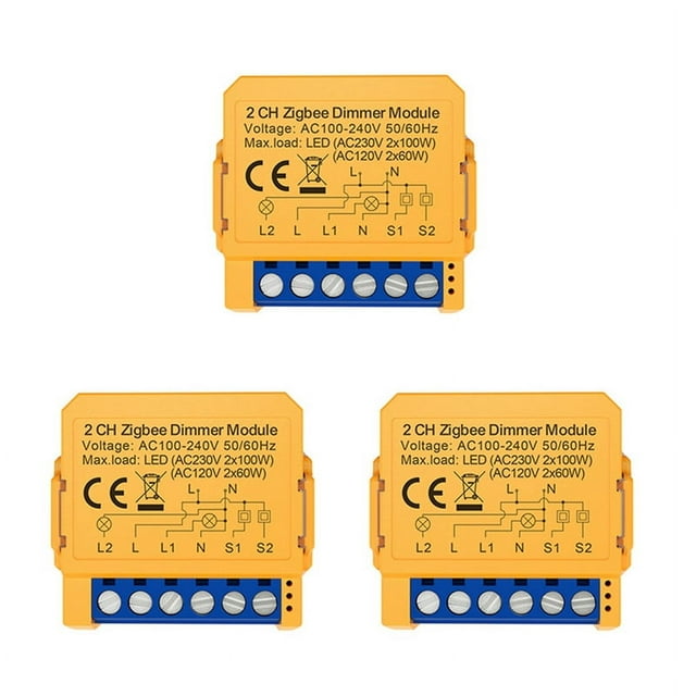 3X Tuya Zigbee Smart Dimmers Switch Module 2CH Control LED Lights Dimmable Switch Stepless Dimming+Voice Control,3 x Dimmer Switch,Yellow