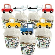 Big Dot of Happiness Cars, Trains, and Airplanes - Cupcake Decoration - Transportation Birthday Party Cupcake Wrappers and Treat Picks Kit - Set of 24