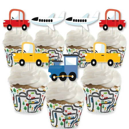 Big Dot of Happiness Cars, Trains, and Airplanes - Cupcake Decoration - Transportation Birthday Party Cupcake Wrappers and Treat Picks Kit - Set of 24