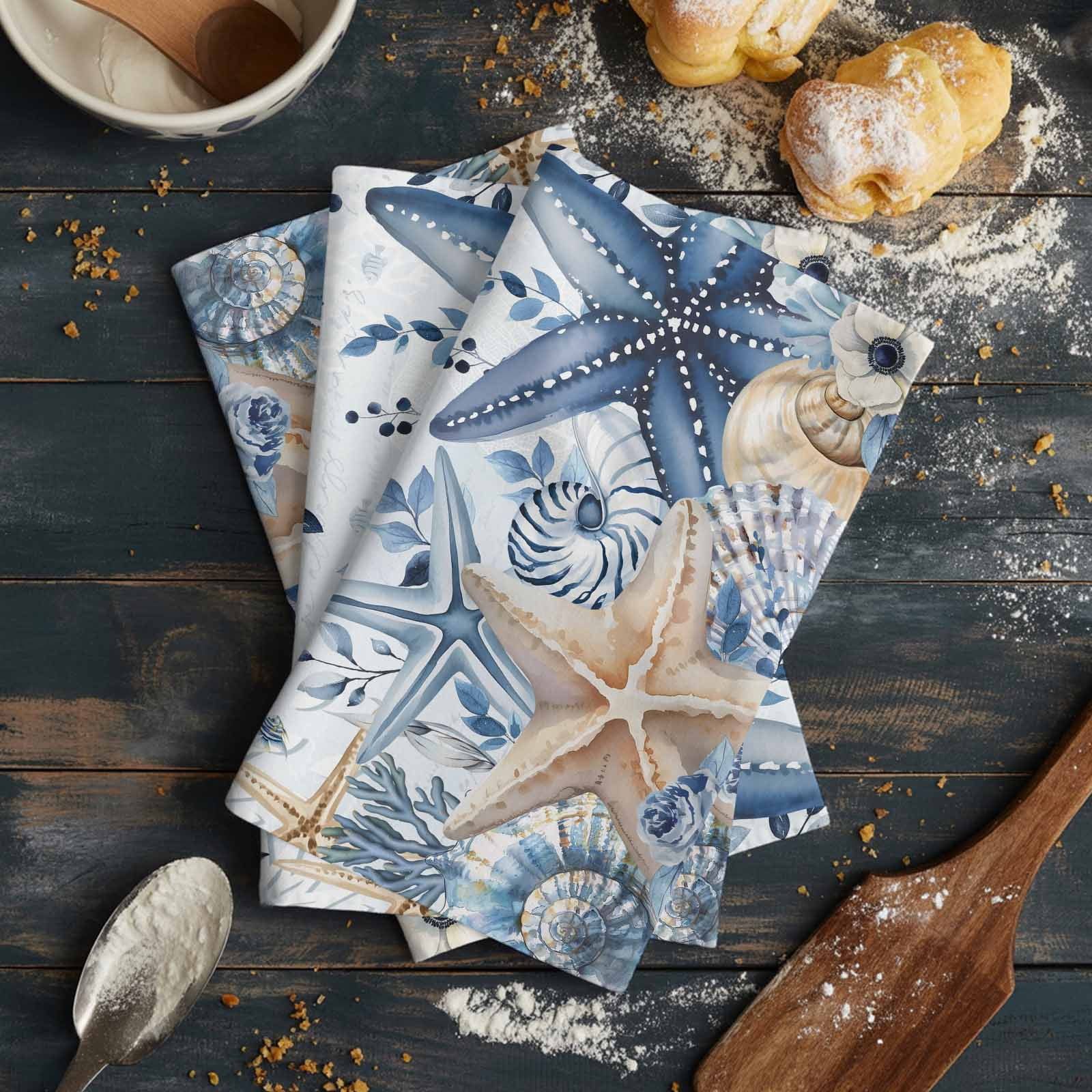 Blue Starfish Coastal Kitchen Towels Set of 2, Water Absorbent Dish Towel, Eucalyptus Summer Nautical Shell Decorative Hand Towels - Quick Drying Cloth for Cooking Baking, 18x28 Inch