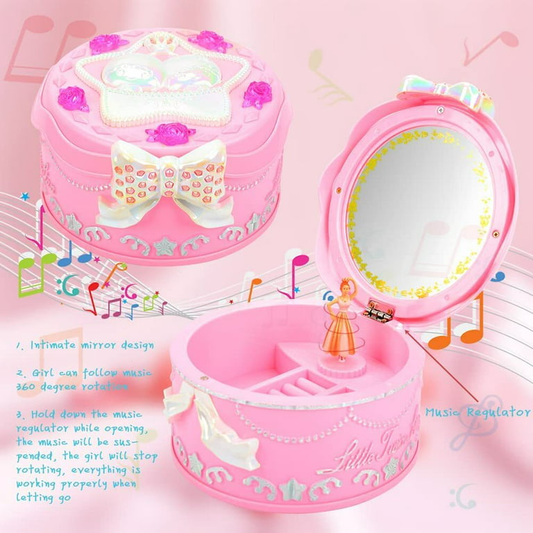 Ballerina Music Box, 360 Degree Music Musical Box, Rotary Durable Round  Musical Jewelry Storage Box with Mirror Jewelry Set for Kids Girls Children 