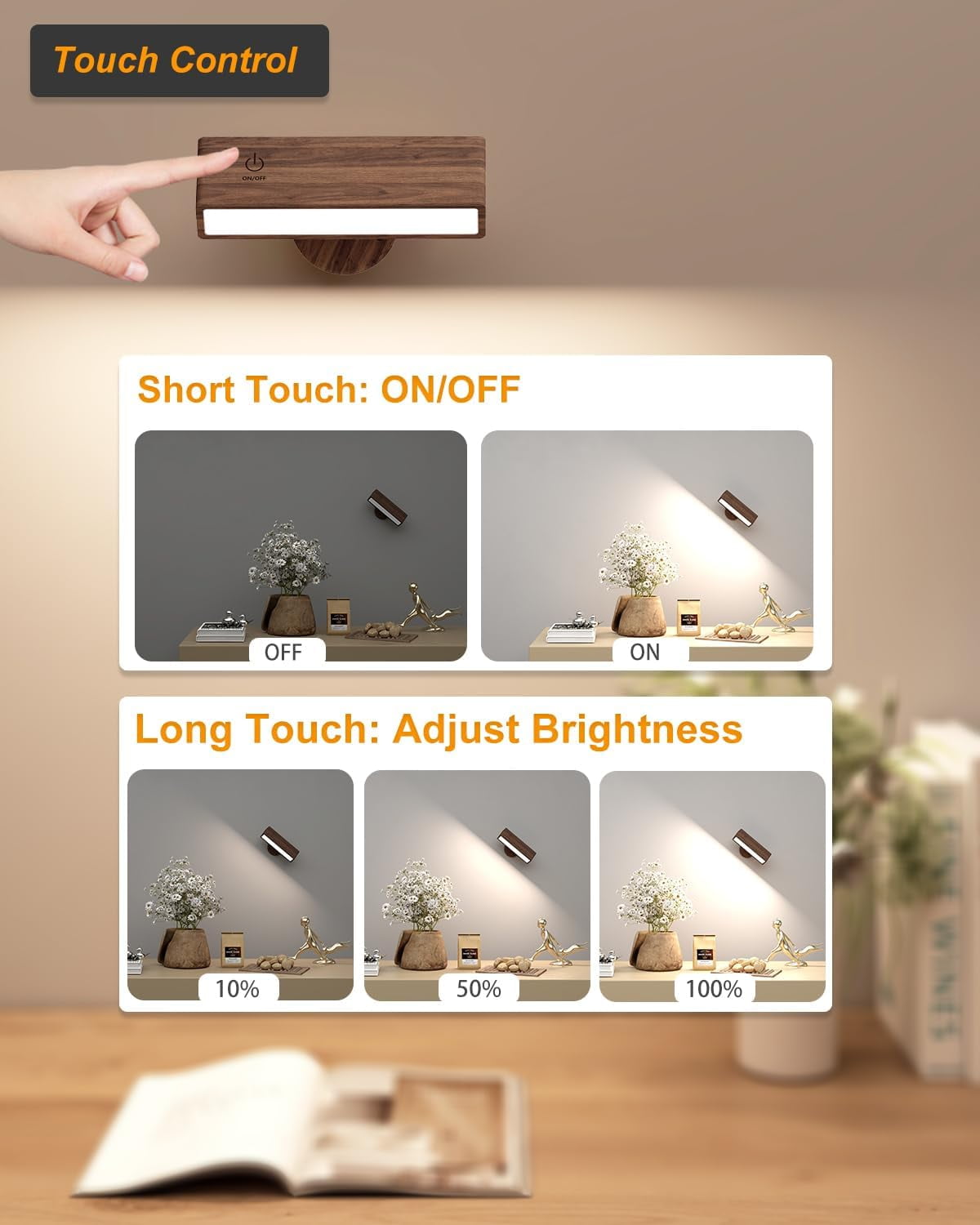 Wall Lights, Battery Operated Wall Sconce,Wireless Rechargeable Wall Sconce for Bedroom, Wall Mounted Reading Light, LED Wall Lights Rotatable, Brown 1 pack