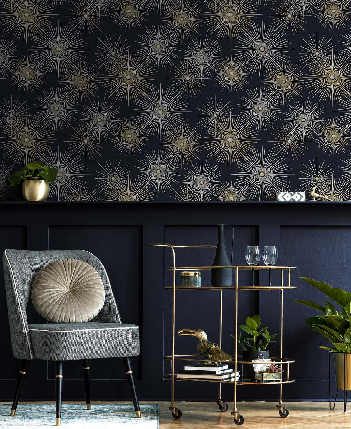 NextWall Midnight & Gold Starburst Geo Peel and Stick Wallpaper