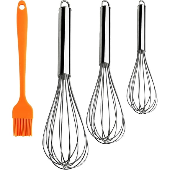 Servette Home Kitchen Utensil Set with 3 Metal Whisks and Orange Silicone Basting Brush