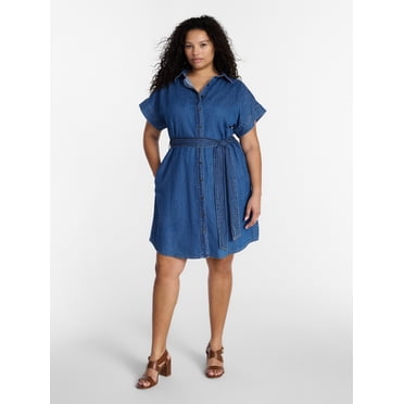 Terra & Sky Women's Plus Mini Denim Shirt Dress, Sizes 0X-5X
