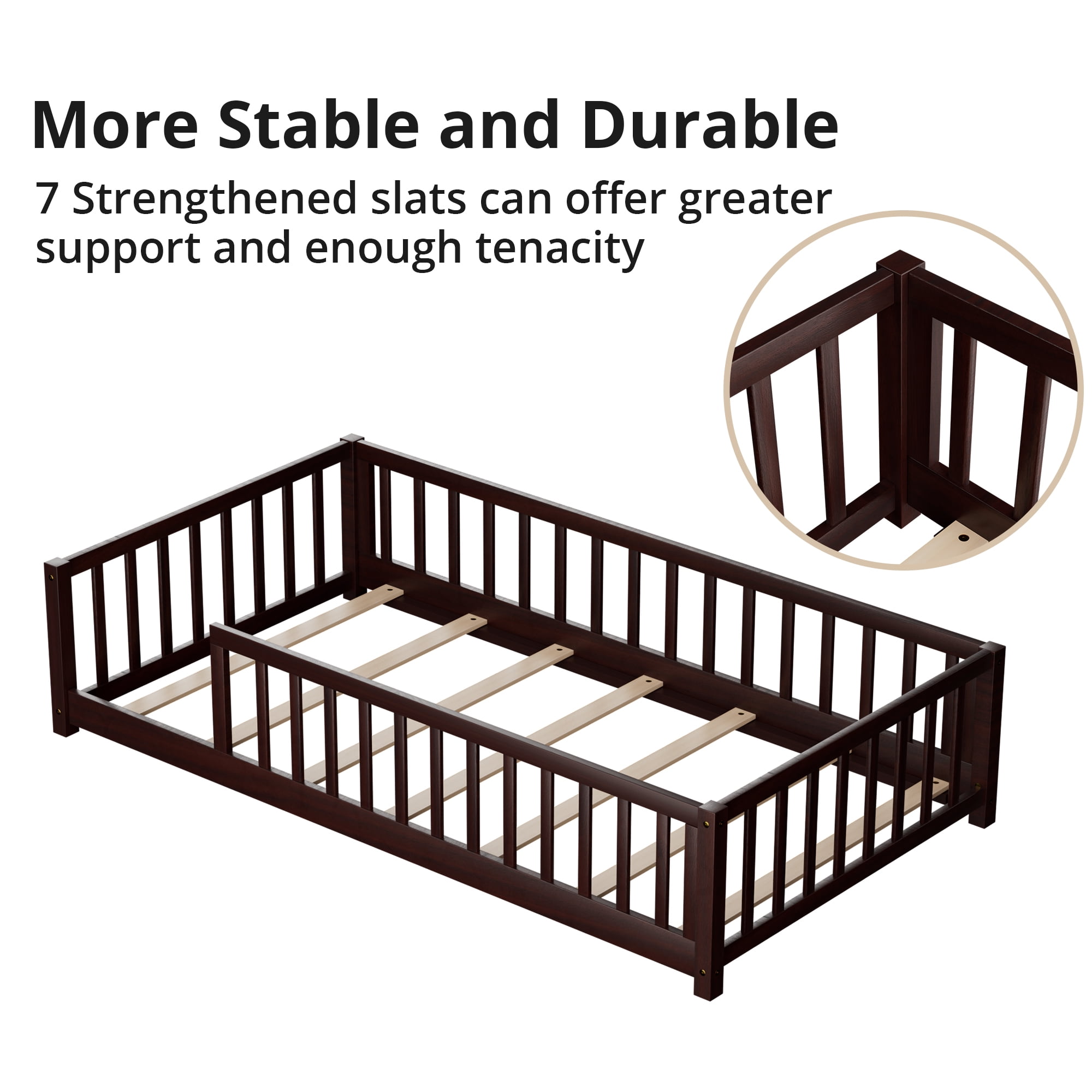 Twin Floor Bed, Wooden Montessori Bed Frame with Fence, Floor Platform Bed with Slats Support, Montessori Floor Bed for Toddlers Boy Girls, Espresso