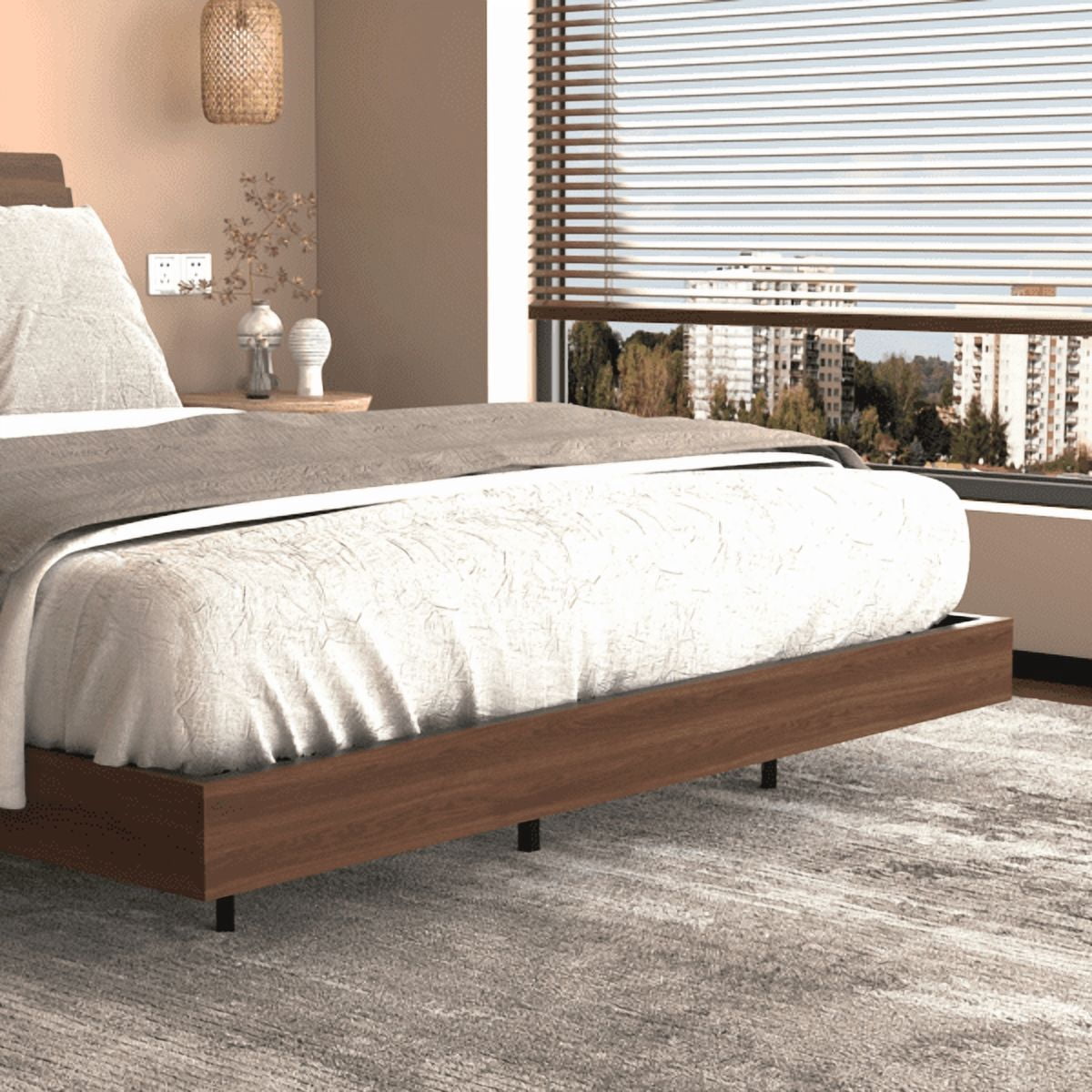 Queen Size Floating Bed Frame with LED Lights and Charging Station, Walnut Wood Platform Bed with Storage Headboard, Modern No Box Spring Needed Bed Base