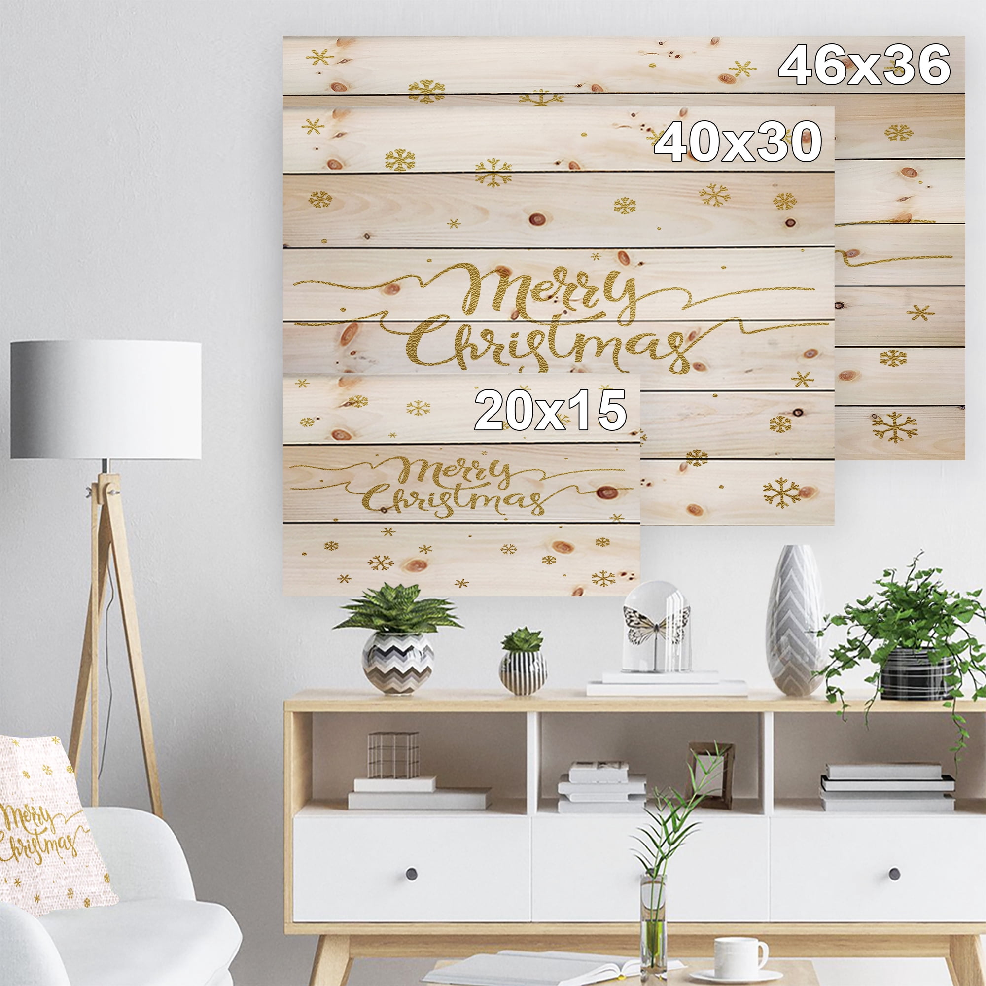 Designart 'Merry Christmas Handwritten Wish on white and gold' Print on Natural Pine Wood