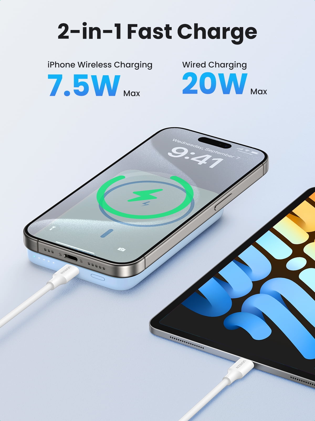 UGREEN 10000mAh Magsafe Power Bank, 20W Portable Charger Compatible for iPhone, with 1.5ft USB C Cable, Blue