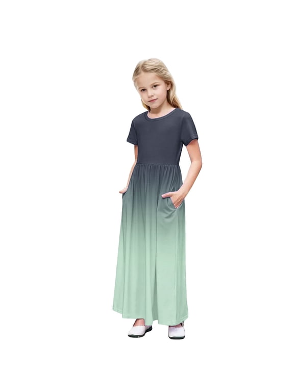 Girls Summer Dress Short Sleeve Maxi Tshirts Dresses with Pockets Cotton Long Dresses Size 4-14 Years (13 Years, Green-Gradient)