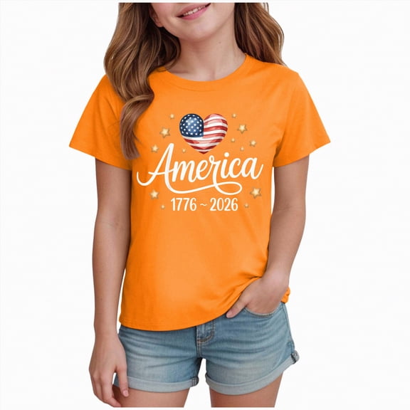 Yindaity Memorial Day T Shirts for Girl All American Girl 4th of July Patriotic Shirts for Girls T-Shirt(Orange,1-2 Years)