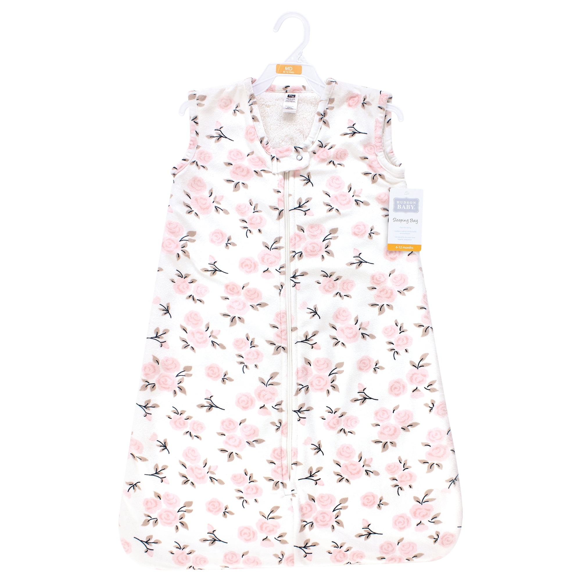 Hudson Baby Infant Girls Plush Faux Fur Sleeping Bag, Wearable Blanket, Neutral Pink Floral, 12-18 Months