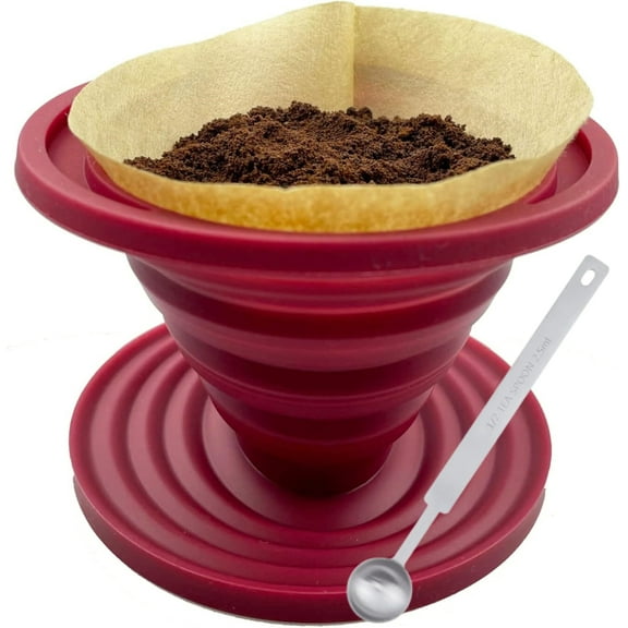 Collapsible Pour Over Coffee Dripper for Camp Coffee, Reusable Silicone Coffee Filter Holder for Camping Red with a 2.5ml Coffee Measuring Spoon