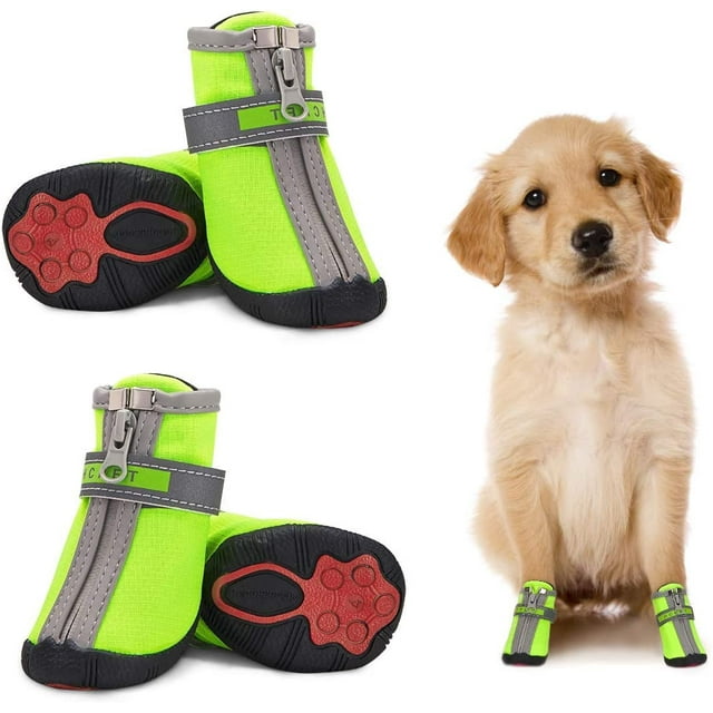 Waterproof Small Dog Shoes 4 Pack, Reflective Non-Slip Paw Protector Dog Boots Warm Puppy Shoes Small Medium Dogs Green 5 #