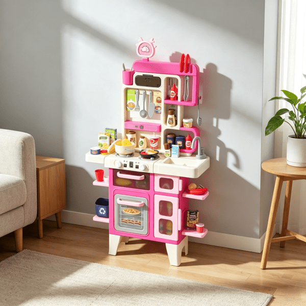 104 Piece Pretend Play Kitchen Set, Realistic Lights & Sounds, Toy Kitchen Accessories for Boys & Girls, Pink