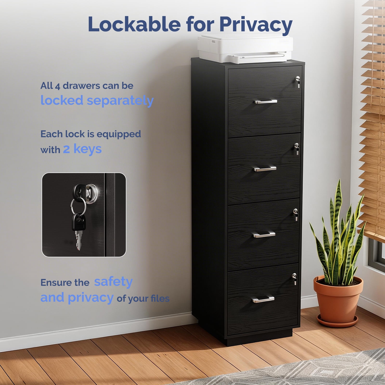 Ktaxon Wood 4-Drawer Lateral File Cabinet with Lock for Home Office, Lockable Filing Cabinet, Easy to Assemble, Black