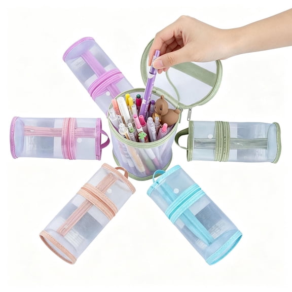 Under 1$ Dollar Clear Mesh Cylindrical Pencil Case, Large‑Capacity Pencil Box, Vertical Round Stationery Organizer, Multi‑Use High‑Value Gauze Pen Pouch for College, Office & Daily Classroom Supplies