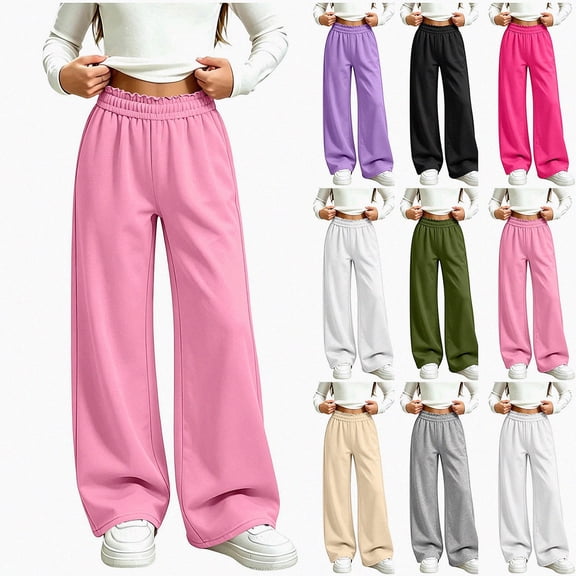 ITSAME Girls Wide Leg Sweatpants Ruffle Elastic Waist Loose Fit with Pockets Fall Winter Warm Casual Pants Size 14