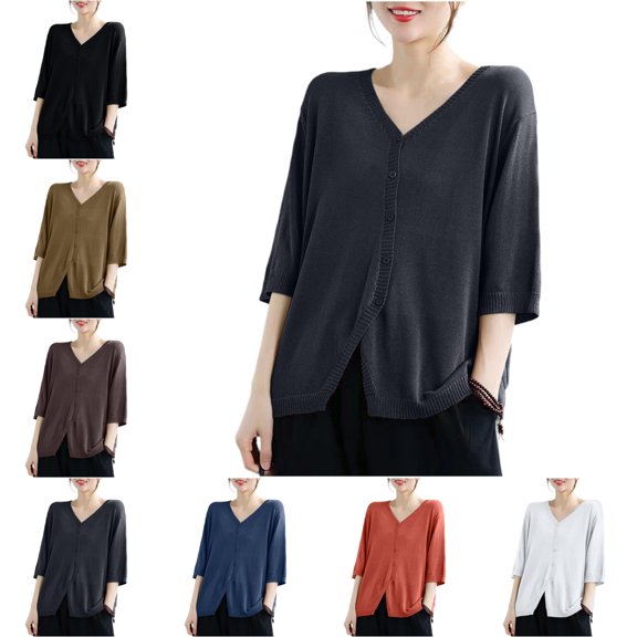 Levmjia Women's Summer Cardigan Boxy Fit Short Sleeve V Neck Button Down Lightweight Sweater for Plus Size Casual Wear