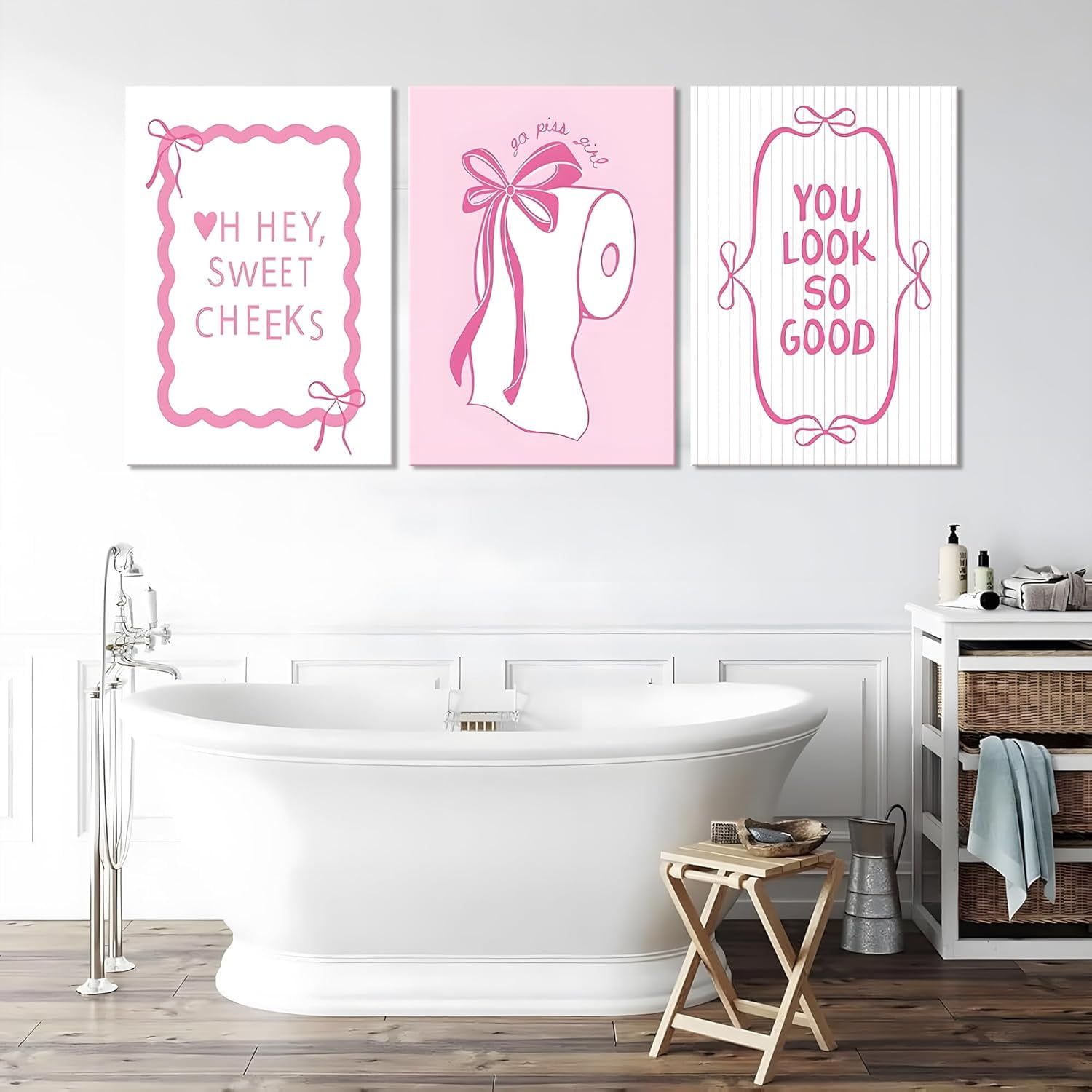 3Pcs Pink Bow Bathroom Canvas Wall Art Bowknot Coquette Posters Prints Preppy Picture Decor For Bathroom Washroom Restroom 16x12in Framed