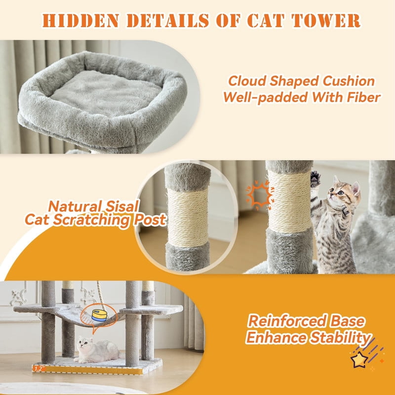 Kelno 66" Cat Tree Tower Durable Cat Climbing Tower with Sisal Scratching Posts Cozy Condo Hammock and Platforms, Light Gray