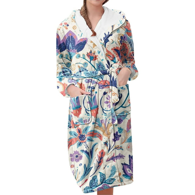 Jindong Robes en Peluche pour Femmes Robe en Polaire Longue Chaude Peignoir de Bain Veste de Détente Imprimée Robe de Confort Robes pour Femmes
