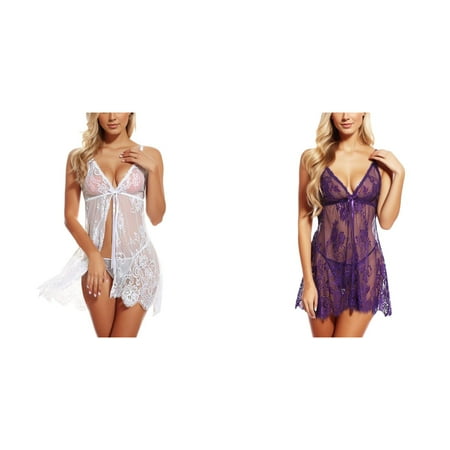 (2-Pack) Kcodviy Women Underwear Sleepwear Plus Size Shirt Nightdress Nightgown Eyelash Bodysuit for Women with Robe Lace