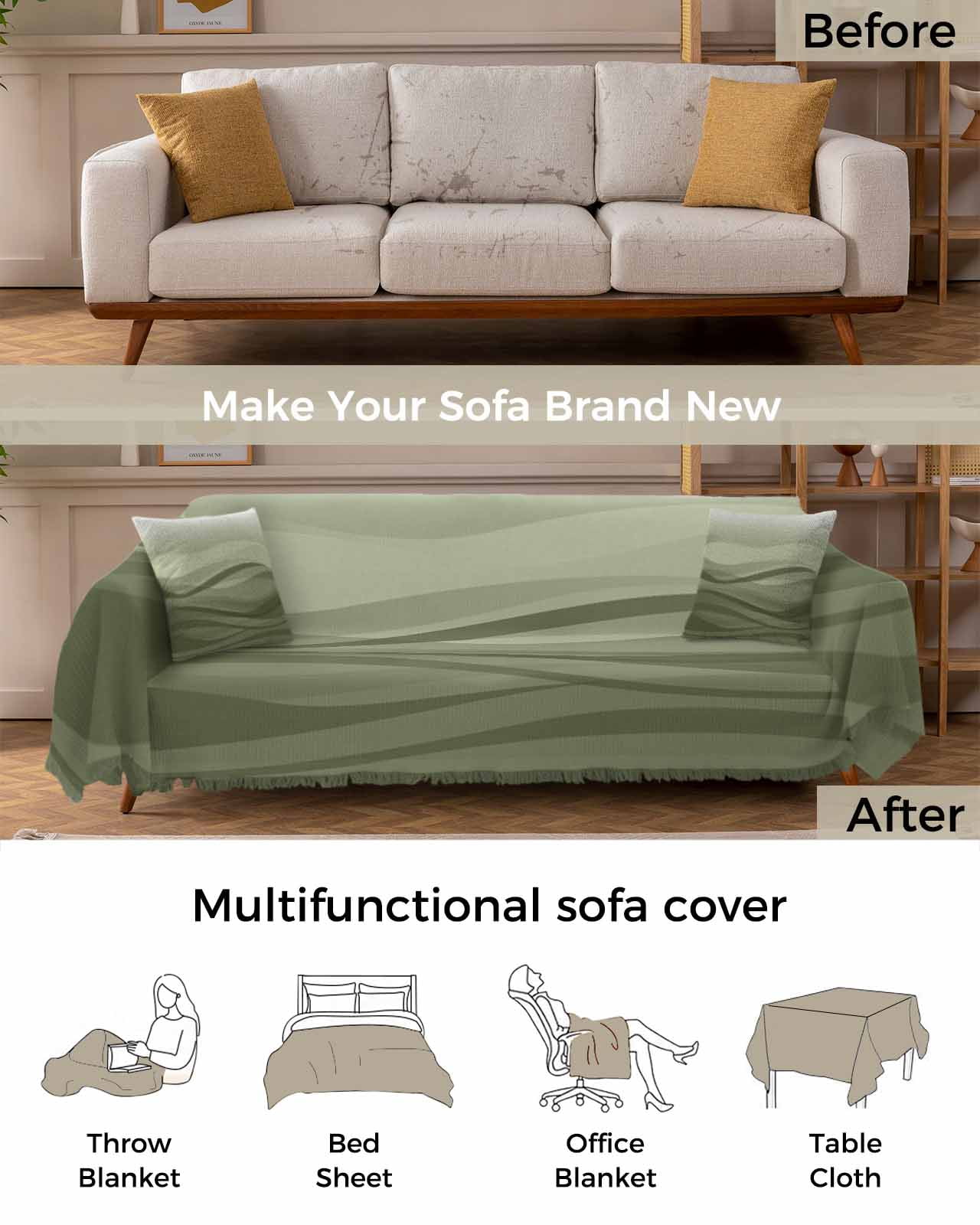 Coastal Sage Green Sofa Couch Covers for Dog,Washable Sectional Couch Slipcoverfor Loveseat with Tassels,Seawave Stripe Minimalist Ombre Art Non Slip Sofa Throw Cover Blanket Large 71''x102''
