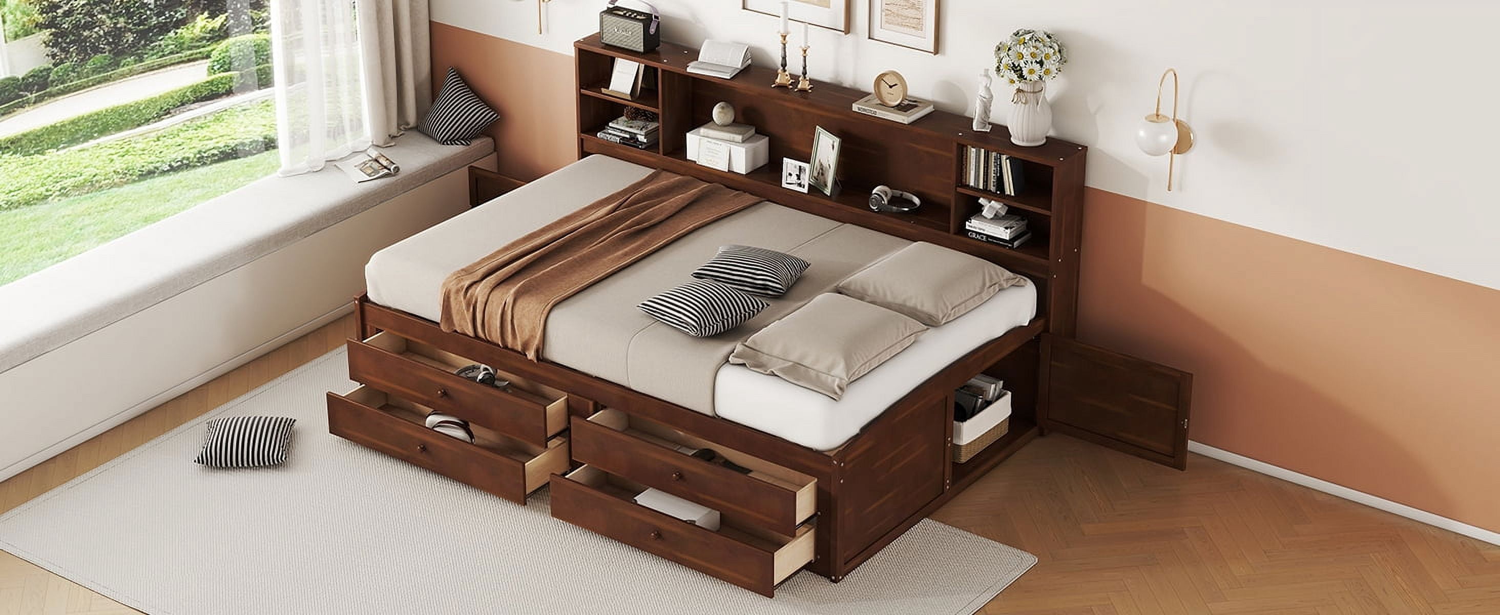 MAYEERTY Full Size Wooden Captain Bed with Built-in Storage Shelves, 4 Drawers and 2 Cabinets, Antique Brown