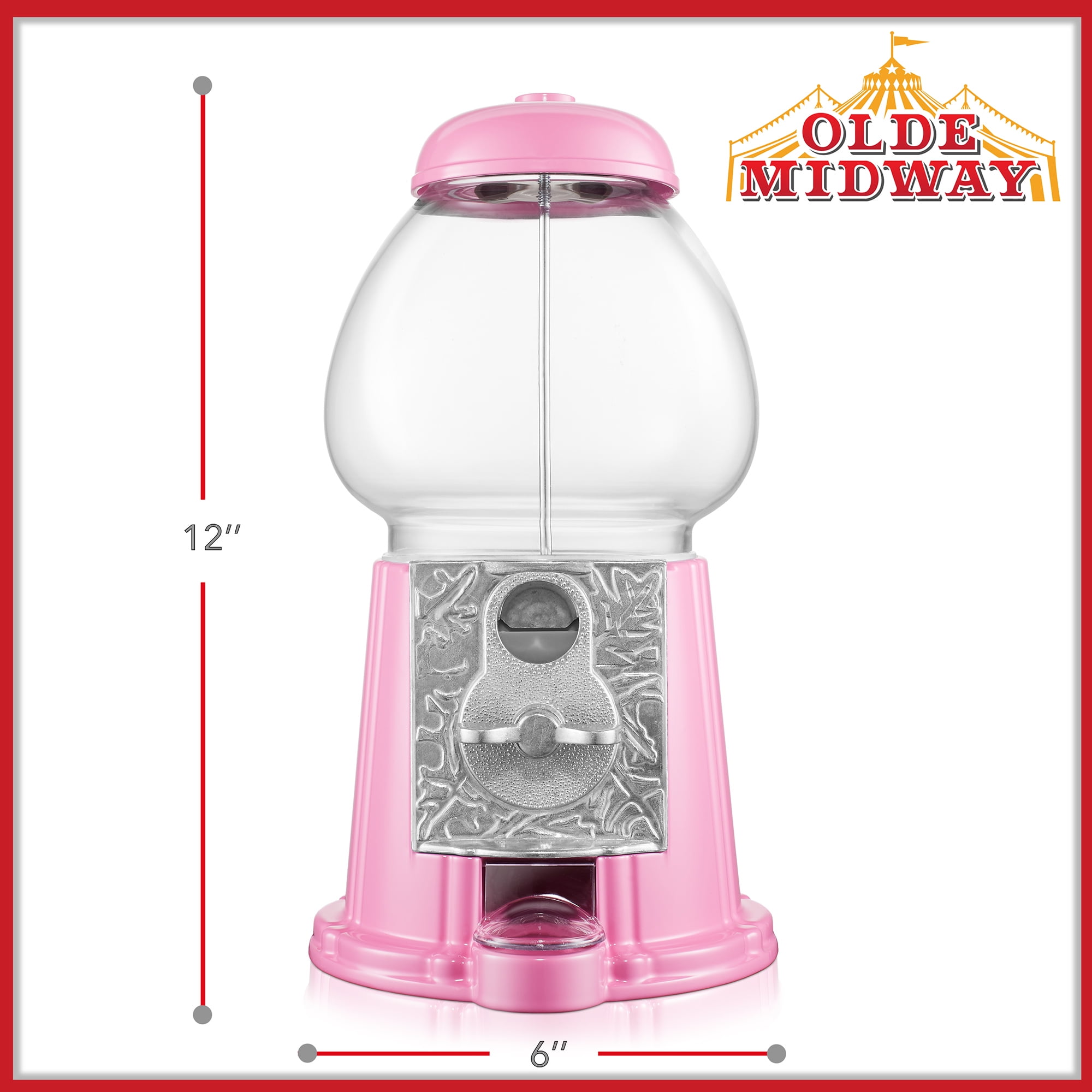 Olde Midway 12" Gumball Machine with Coin Bank - Pink, Antique-Style Bubble Gum Candy Dispenser