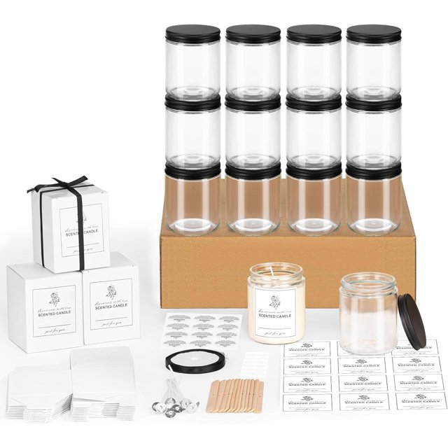 12Pack 8OZ Thick Glass Candle Jars With Metal Lids, Christmas Jars With Making Kits, Labels & Gift Box, Empty Food Storage Containers for Overnight Oats, Canning, Spice, Pickle, Jam, Salad