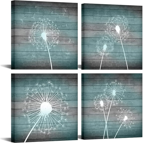 4 Pieces Dandelion Canvas Wall Art Rustic Flower Painting Pictures Teal and Grey Artwork Country Farmhouse Prints for Kitchen Office Wall Decor Stretched and Framed Ready to Hang
