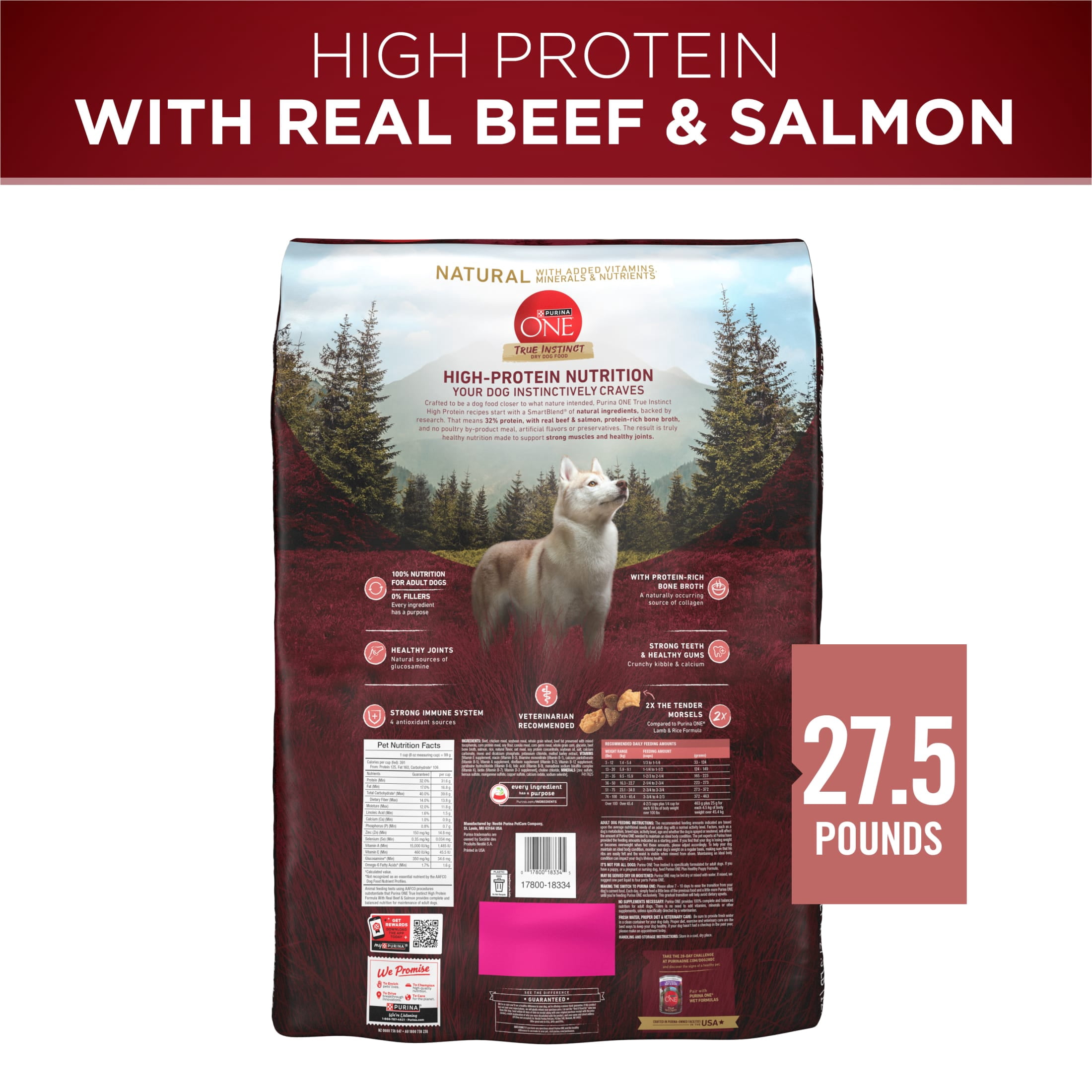 Purina ONE True Instinct High Protein Dry Dog Food with Real Beef & Salmon for Muscle Support, 27.5 lb Bag