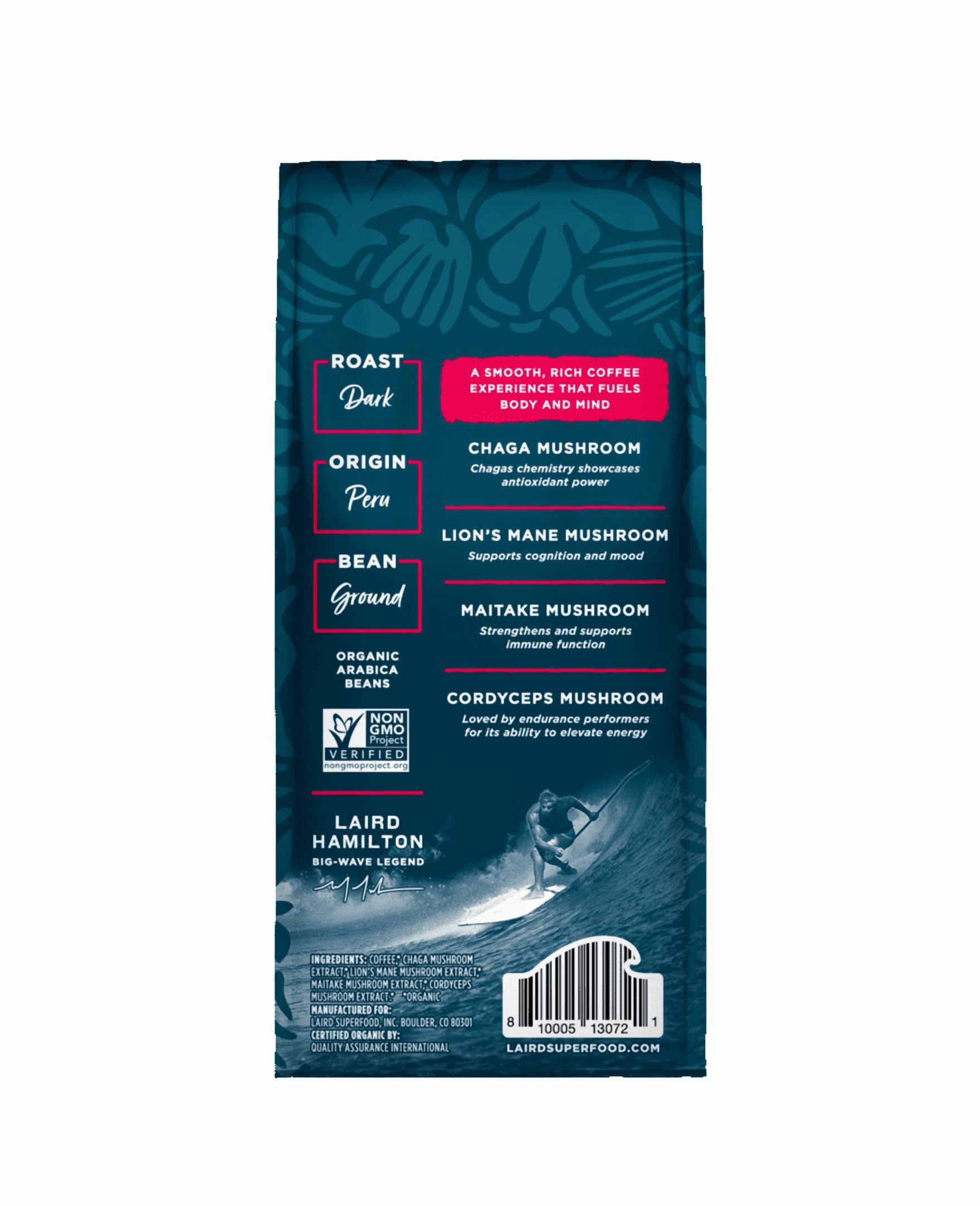 Laird Superfood Peruvian Dark Roast Coffee with Functional Mushrooms, Certified Organic Peruvian Ground Coffee Beans, Gluten-Free, Dairy-Free, Non-GMO, Paleo, Keto Friendly, 12 oz. Bag