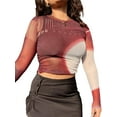thumbnail image 1 of Xingqing Haut Court Slim à Manches Longues pour Femmes, Col Rond, Imprimé, Décontracté, Noir, Rouge S, 1 of 9