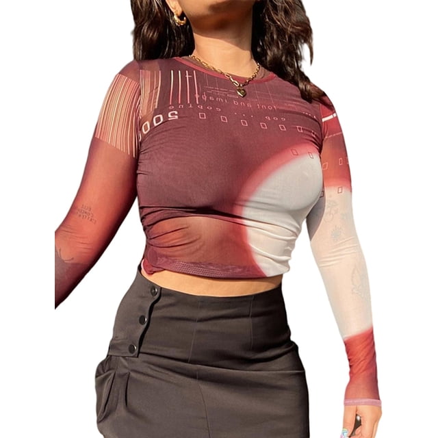 Xingqing Haut Court Slim à Manches Longues pour Femmes, Col Rond, Imprimé, Décontracté, Noir, Rouge S