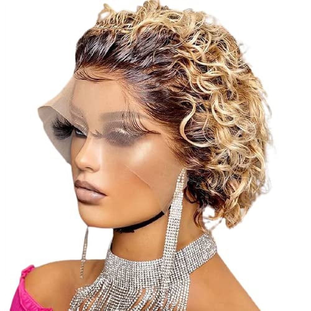Pixie Cut Wig 13x1 Lace Front Wigs Short Curly Human Hair Wig Pixie Wigs for Women 1B/T27