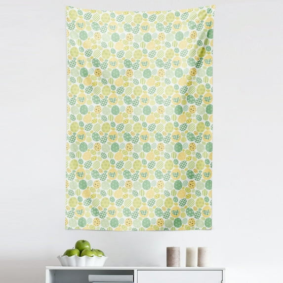 Easter Bunny Tapestry, Illustration of Pastel Tones Dyed Easter Eggs Holiday, Fabric Wall Hanging Decor for Bedroom Living Room Dorm, 5 Sizes, Pastel Yellow White, by Ambesonne