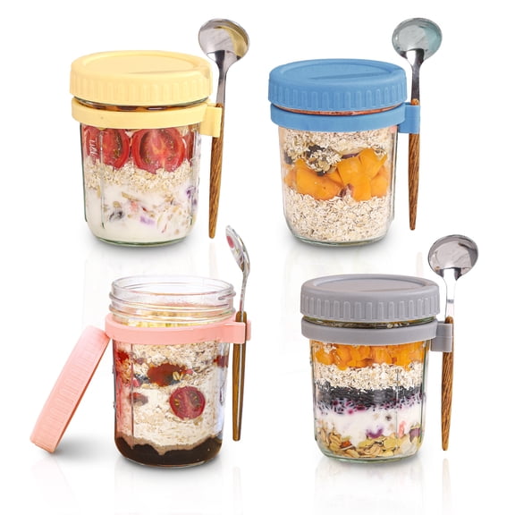 4Pcs 12oz Overnight Oats Containers Jars with Lids and Spoon, Colorful Glass Mason Jars, Leakproof Meal Prep Containers for Milk, Cereal, Fruit, Salad, Yogurt, Snacks