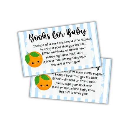 Little Cuties Oranges Books for Baby 50pk 2x3.5 Invitation Inserts Pop It When She Pops Blue Stripes Diaper Raffle Shower Label Tag