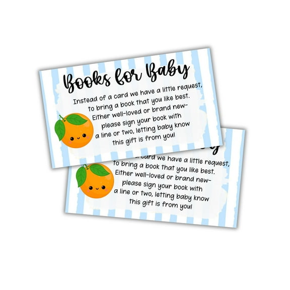 Little Cuties Oranges Books for Baby 50pk 2x3.5 Invitation Inserts Pop It When She Pops Blue Stripes Diaper Raffle Shower Label Tag