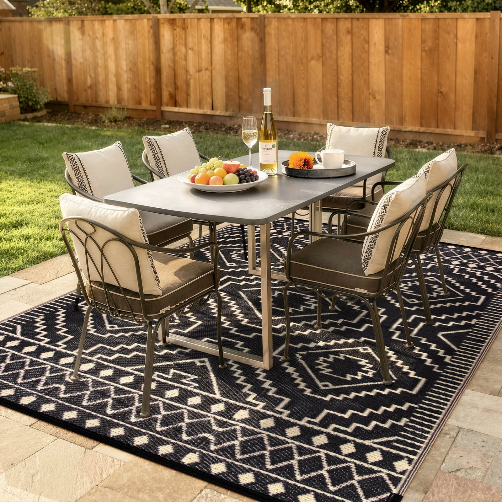 Lahome Waterproof Outdoor Rug 6x9, Reversible Plastic Straw Patio Mat - Moroccan Design for Backyard, Balcony, Garden, Deck, RV Camping, Black & Beige