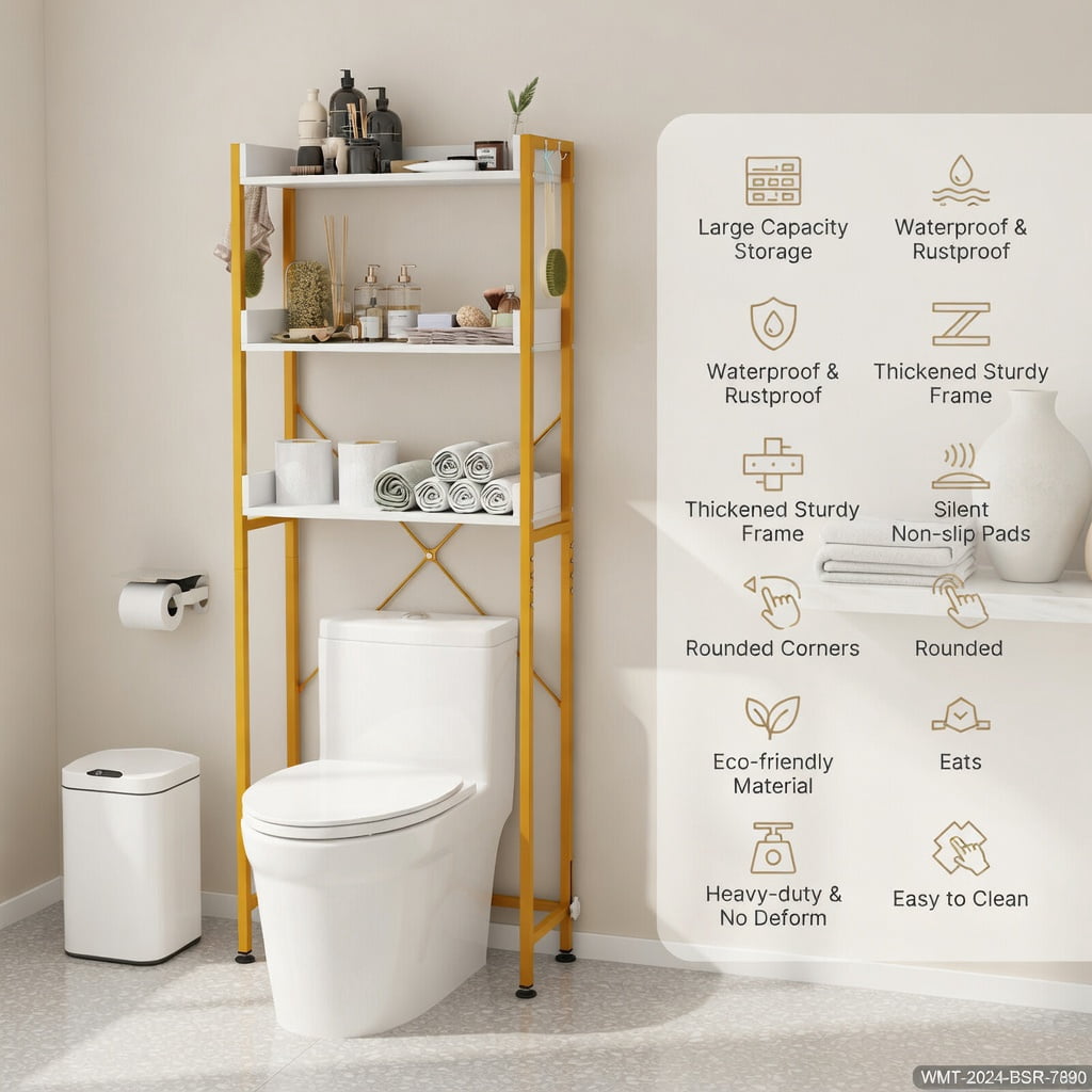 Hommoo Over-the-Toilet Storage Rack with Adjustable Bottom Bar, 3-Tier Open Shelves & Dual Side Hooks, White