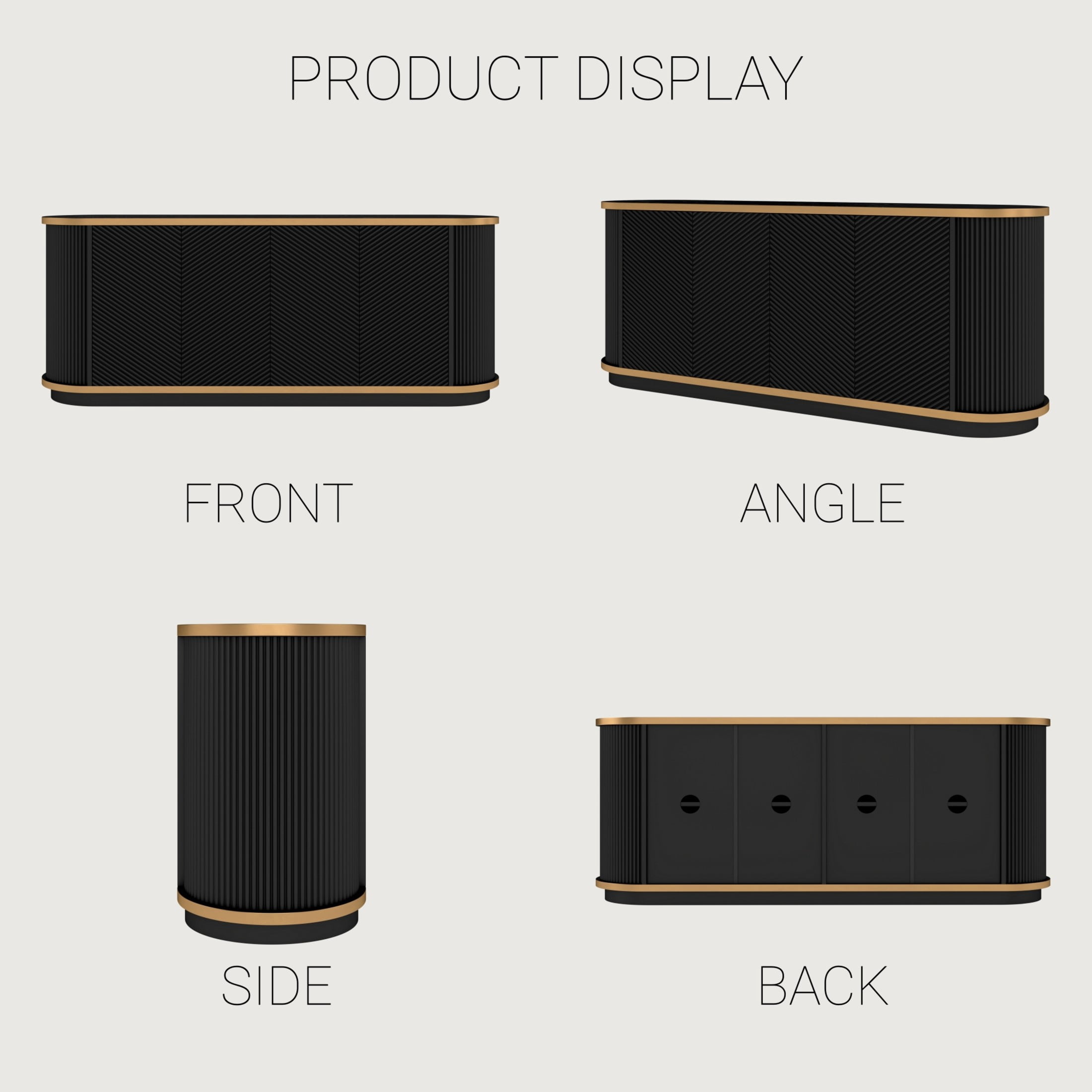 Noble House Diagonal Fluted Sideboard Cabinet with Faux Travertine Top & Gold Trim, Buffet Credenza TV Stand, Black