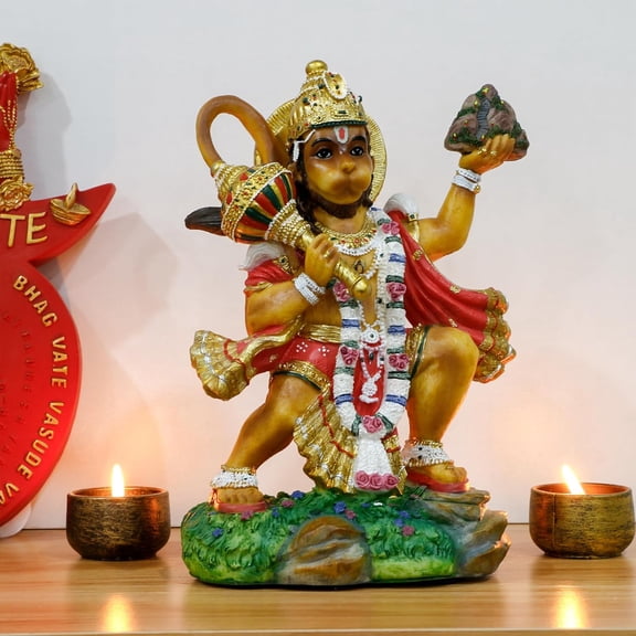 Hindu God Flying Hanuman Statue - 9.2”H Jayanti Murti Pooja Diwali Gift for Indian Friend Family Altar Puja Item Home Office Temple Mandir Shrine Yoga Meditation Spiritual Decoration