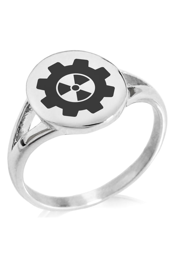 Stainless Steel Radioactive Gear Minimalist Oval Top Polished Statement Signet Ring