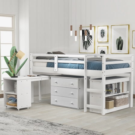 Low Study Twin Loft Bed with Cabinet & Rolling Portable Desk - White
