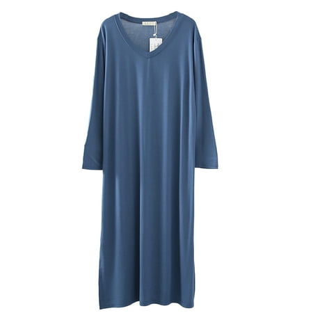 

FEREMO Women s Sleep Dress V-neck Long Sleeve Slit Side Long Dress Night Gown